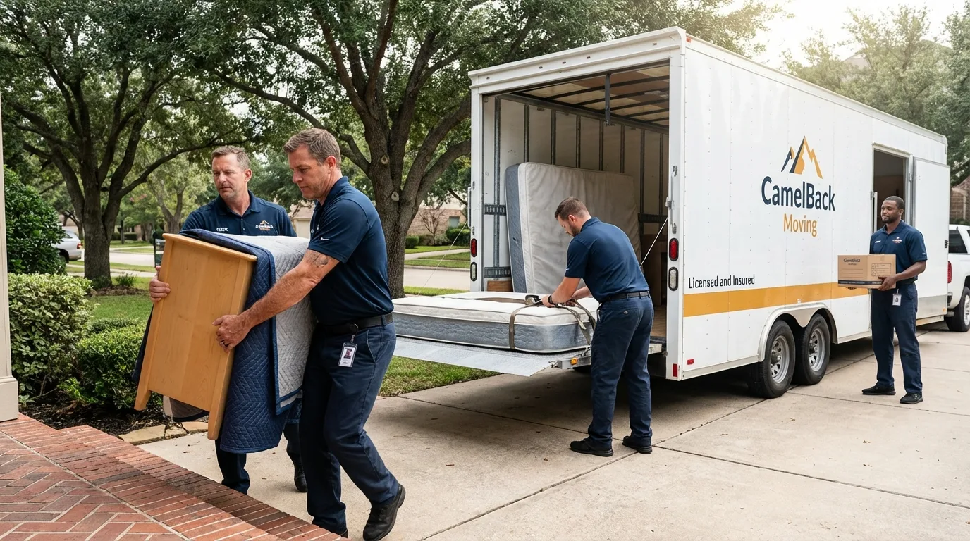 Crew loading residential truck for cross-state move from Olton, TX