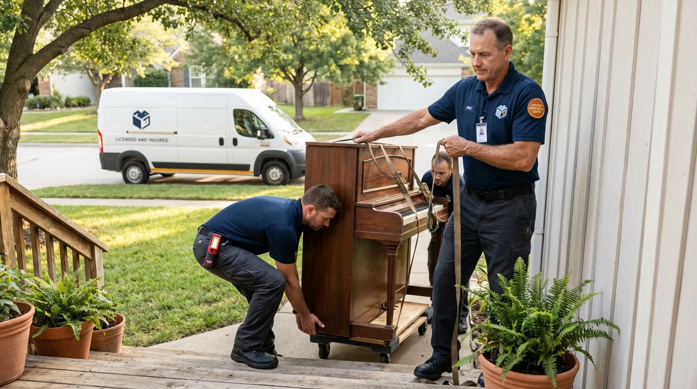 Licensed piano movers securing grand piano in Olton, TX