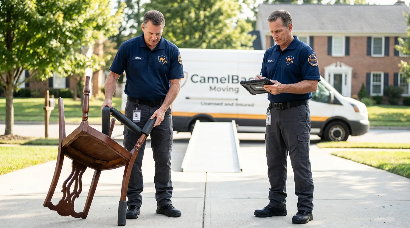 Movers inspecting furniture for damage prevention before loading in Olton, TX